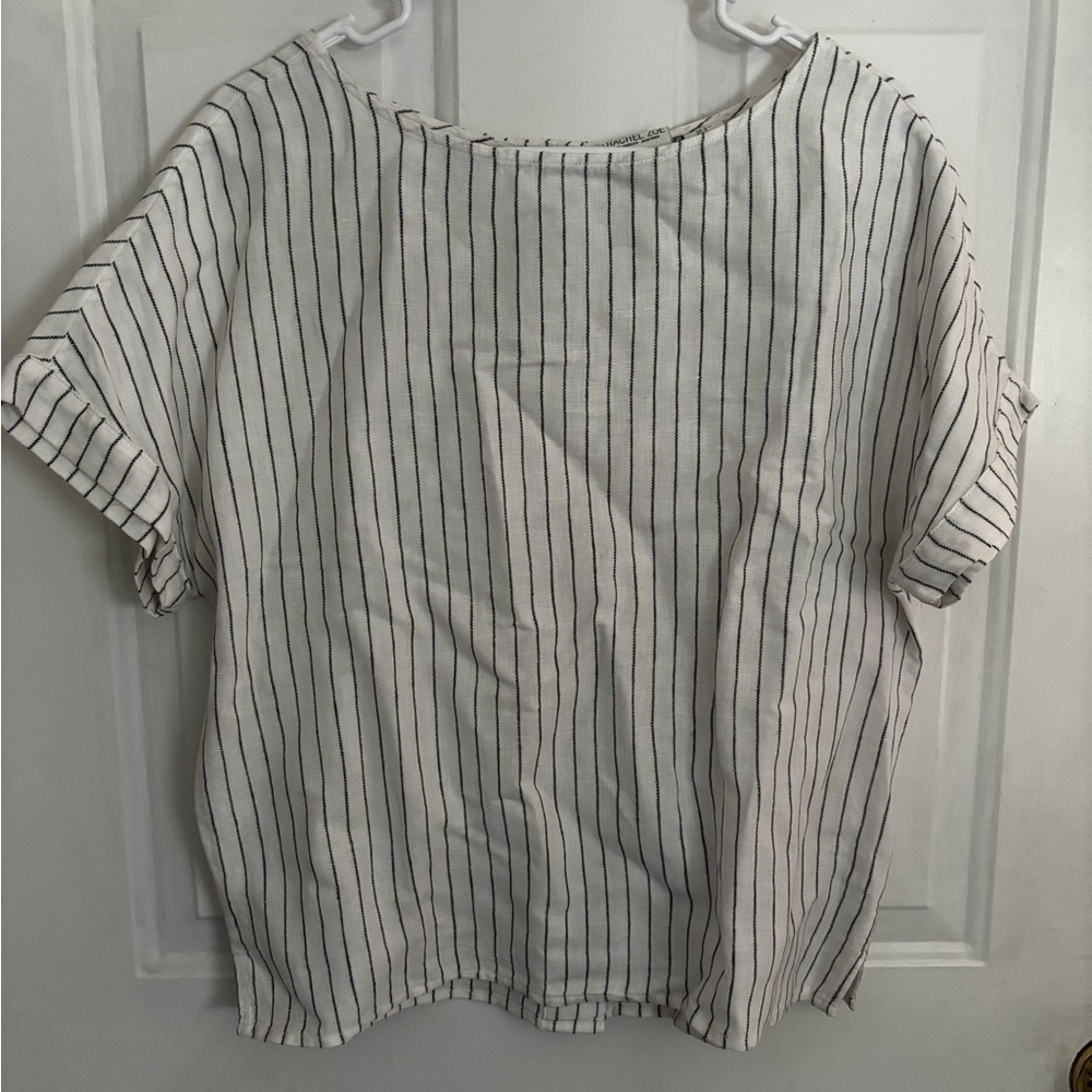 Rachel Zoe White Black Stripe Blouse Short Sleeve Button Back Top Size S